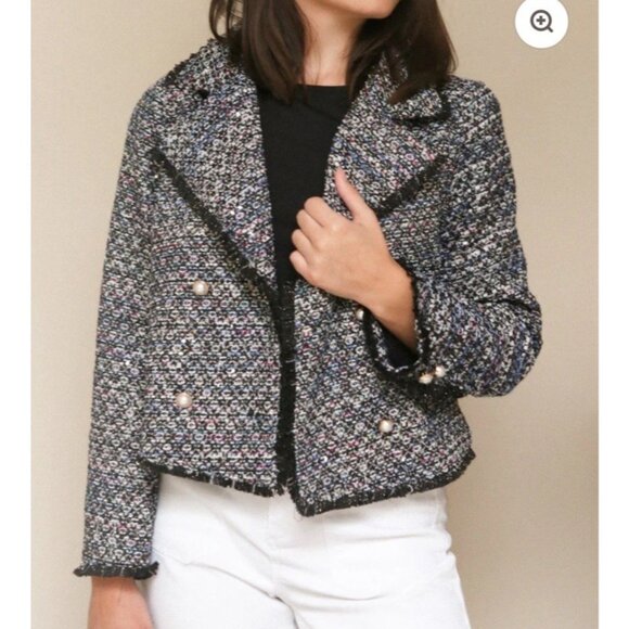 Cupcakes And Cashmere Dixie‎ Tweed Blazer Fringe Pearl Button Preppy Jacket - Picture 1 of 11